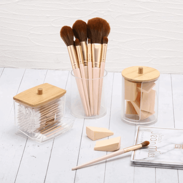 Bathroom Organizer Accessories Set-10 OZ,7 OZ Qtips Holder Storage with Brown Wood Lids, Cotton Ball/Swabs Dispenser, Apothecary Container Jar 3 Pcs - Image 7