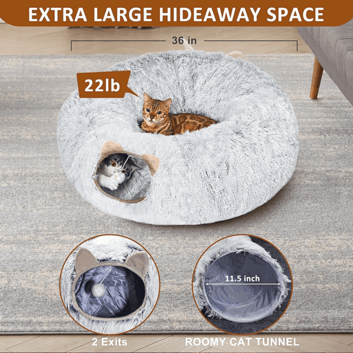 Cat Tunnel with Cat Bed for Indoor Cats, under Christmas Tree Soft Plush Peekaboo Cat Cave Donut Tunnel, Multifunctional Playground Toys Hideplace for Kittens, Rabbit, Ferret (Grey) - Image 5