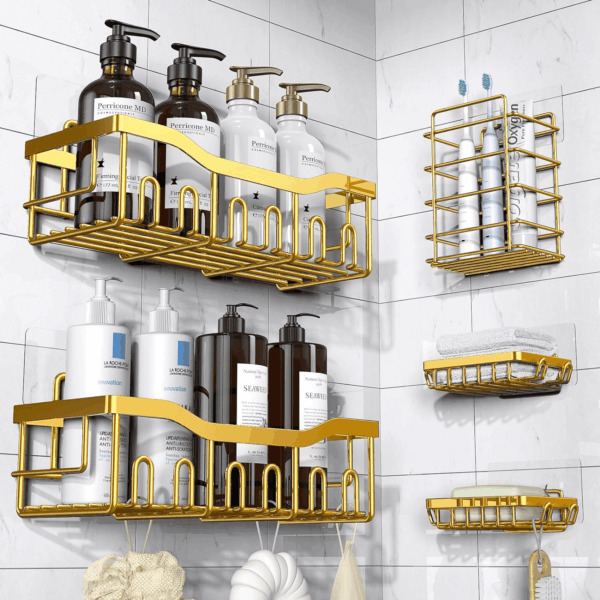 5-Pack Rustproof Stainless Steel Shower Caddy – No Drill Adhesive Bathroom Organizer with Large Capacity, Spacious Shower Shelves for inside Shower, Kitchen & Home Decor Storage