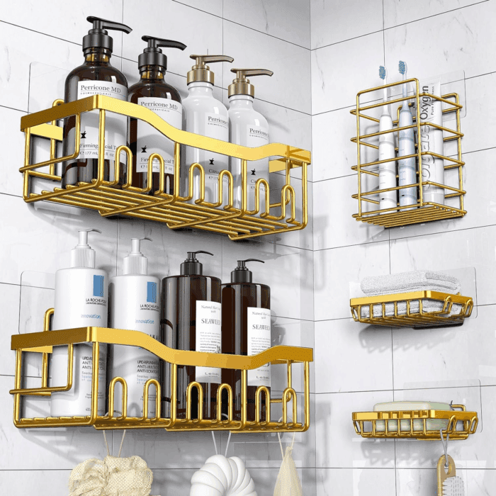 5-Pack Rustproof Stainless Steel Shower Caddy – No Drill Adhesive Bathroom Organizer with Large Capacity, Spacious Shower Shelves for inside Shower, Kitchen & Home Decor Storage