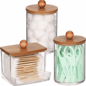 Qtips Holder Dispenser, 10/7 Oz Cotton Ball/Swabs Storage Containers, Apothecary Jars for Bathroom Organizer Bambooo Lids