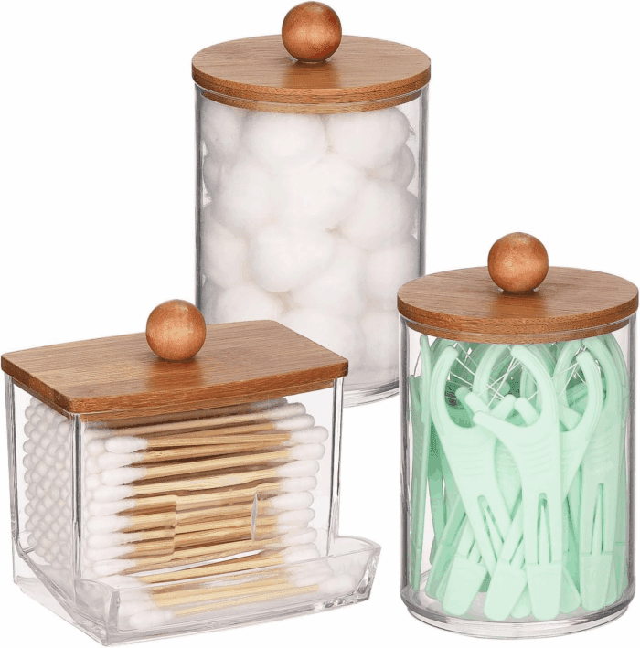 Qtips Holder Dispenser, 10/7 Oz Cotton Ball/Swabs Storage Containers, Apothecary Jars for Bathroom Organizer Bambooo Lids