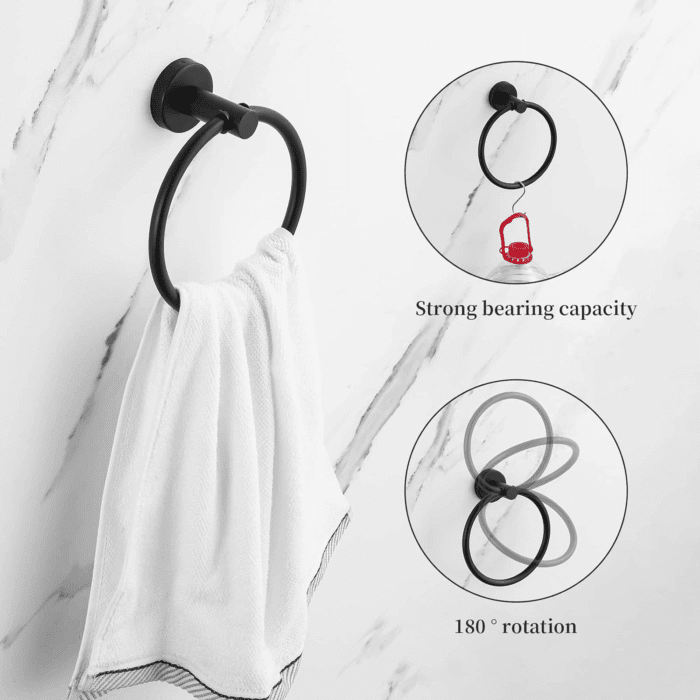 Bathroom Hardware Set Black 10 Pieces, Towel Bar Set Matte Black Stainless Steel Towel Rack Set Includes 2PCS 16'' Towel Bar, 4PCS Towel Hooks, 2PCS Toilet Paper Holder and 2PCS Towel Ring - Image 5