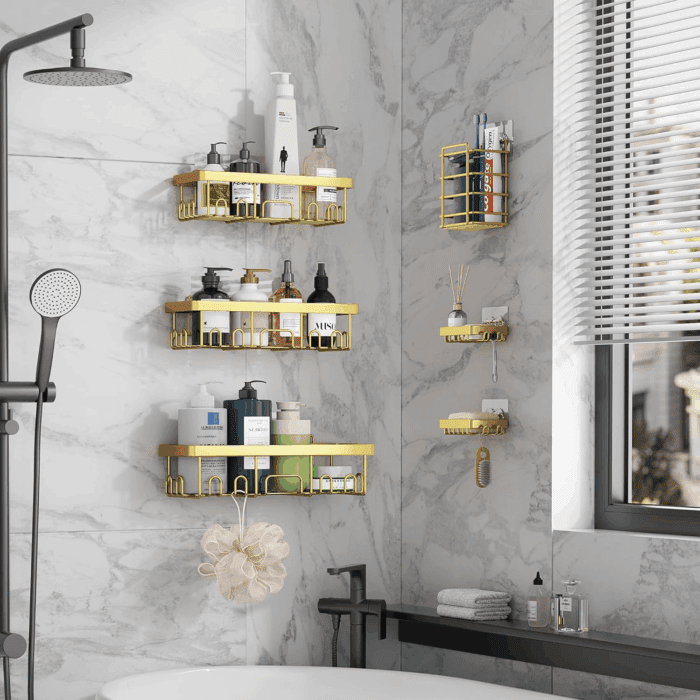 Adhesive Shower Caddy 6-Pack,Gifts for Women Mom,Heavy Weight Bearing,Large Wall Mounted Bathroom Shelves Rack,Organizer Storage Accessories with Soap Dish&Toothbrush Holder,Bright Gold - Image 4