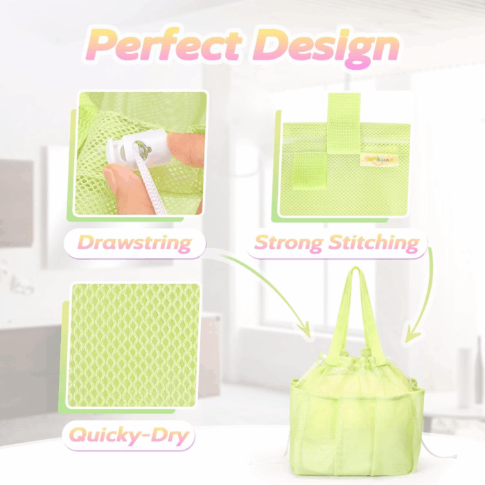Mesh Shower Caddy Portable with Drawstring, Dorm Room Essentials for College Students Girls & Boys, Large Shower Bag for Camping,Swimming,Gym,Travel,Bathroom - Green - Image 3