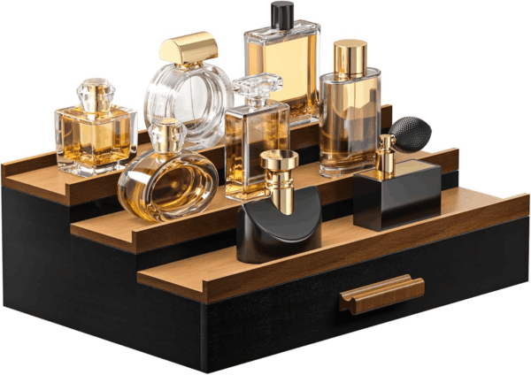 Cologne Organizer for Men – 3-Tier Perfume Display Shelf with Drawer and Hidden Storage, Elegant Cologne Holder, Great Gift for Men and Fathers (3T-Blackwalnut)