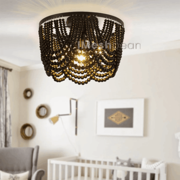 Black 12.6 Inch Wood Bead Chandelier Flush Mount Ceiling Light Fixture 3-Light Boho Light Fixtures Ceiling Farmhouse Chandeliers for Bedroom Dining Room - Image 4