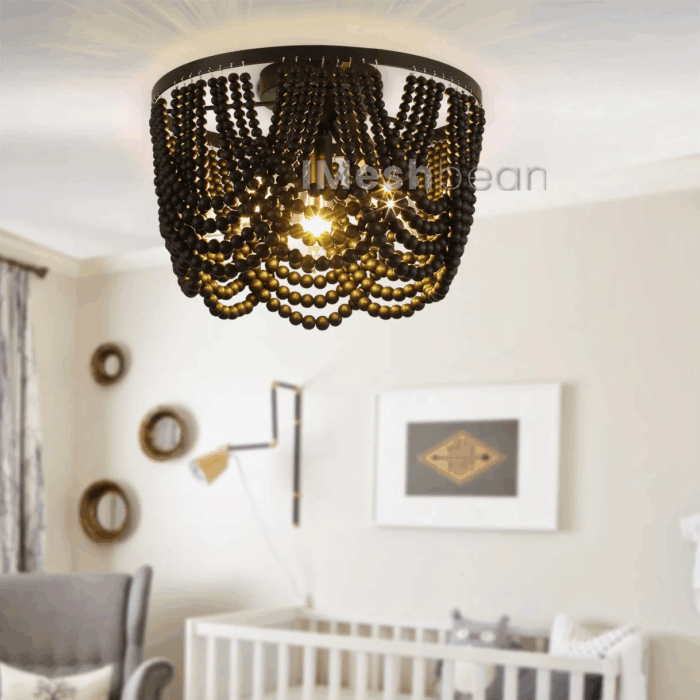 Black 12.6 Inch Wood Bead Chandelier Flush Mount Ceiling Light Fixture 3-Light Boho Light Fixtures Ceiling Farmhouse Chandeliers for Bedroom Dining Room - Image 4
