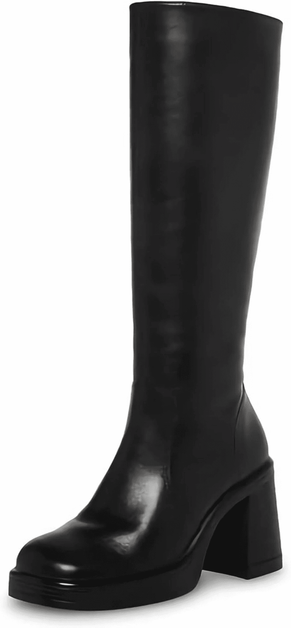 Black Leather Boots Platform Boots for Women Square Toe Chunky Block Heeled Boots