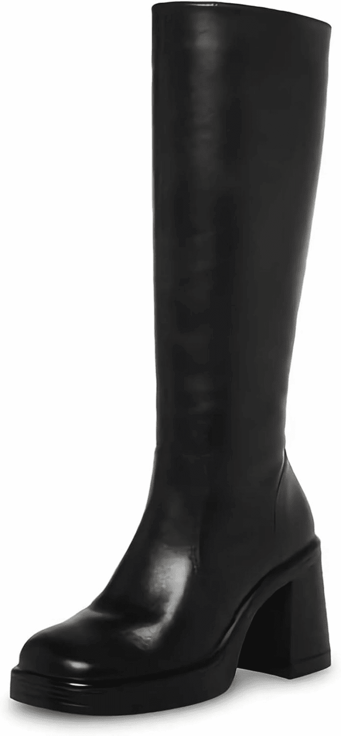 Black Leather Boots Platform Boots for Women Square Toe Chunky Block Heeled Boots
