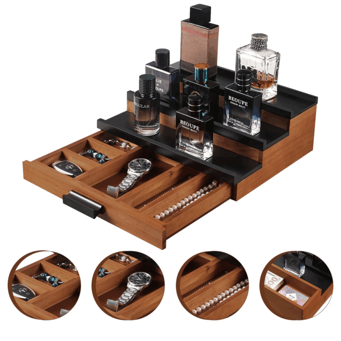 Wooden Cologne Organizer for Men 3 Tier Perfume Organizer Display Shelf with Drawer Cologne Display and Storage Display Risers Great Gift for Man Walnut Black - Image 4