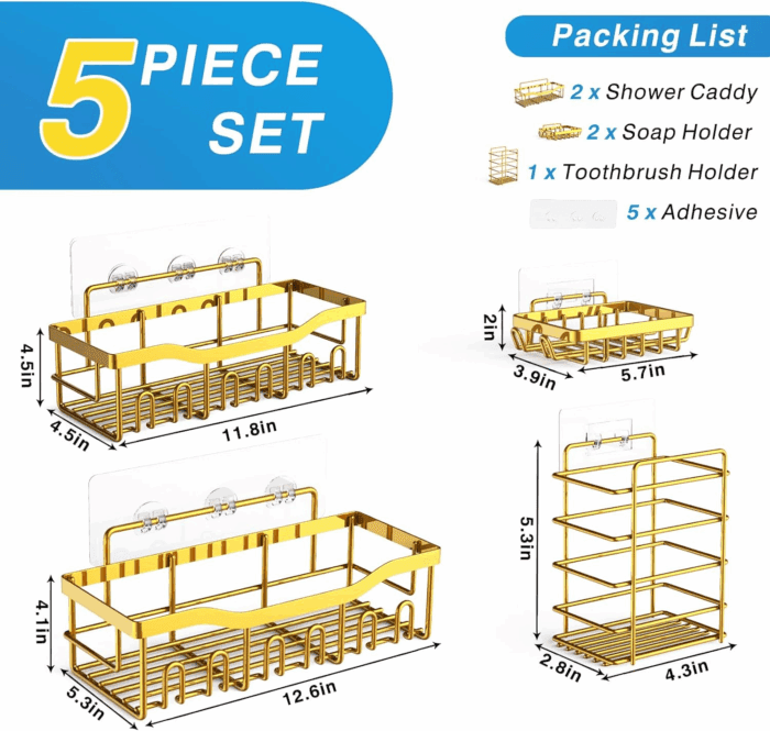 5-Pack Rustproof Stainless Steel Shower Caddy – No Drill Adhesive Bathroom Organizer with Large Capacity, Spacious Shower Shelves for inside Shower, Kitchen & Home Decor Storage - Image 7