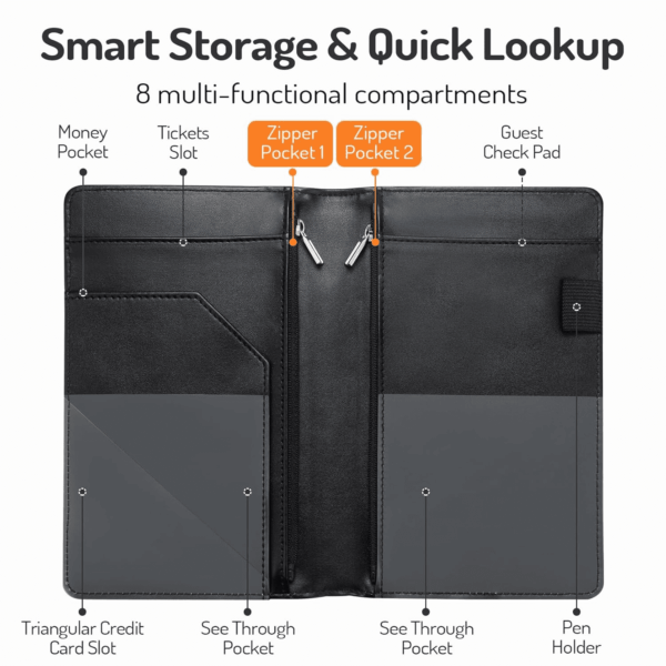 Server Book, 2 Zipper Pocket, Server Books for Waitress, Waitress Book for Servers, Fits Waitress Apron, Guest Book, Waitress Accessories, Serving Book,Receipt Holder, Black - Image 3