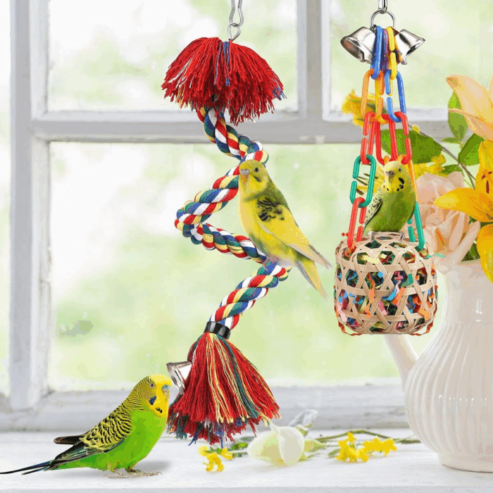 Bird Toys Bird Rope Perch with Bell Colorful Bird Chewing Shredding Foraging Toys Parakeet Toy Parrot Swing Climbing Standing Hanging Toys Bird Cage Accessories for Conure Cockatiel Budgies Lovebird - Image 2