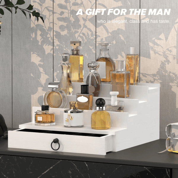 Cologne Organizer for Men, 4 Tier White Wood Perfume Organizer with Felt Lining Drawer and Hidden Compartment, Perfume Display Holder, a Gift for Men - Image 7