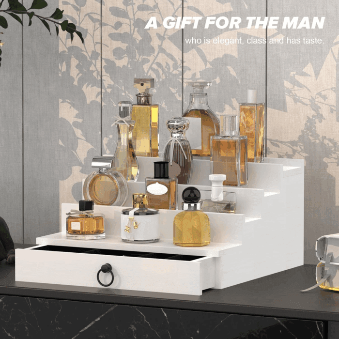Cologne Organizer for Men, 4 Tier White Wood Perfume Organizer with Felt Lining Drawer and Hidden Compartment, Perfume Display Holder, a Gift for Men - Image 7