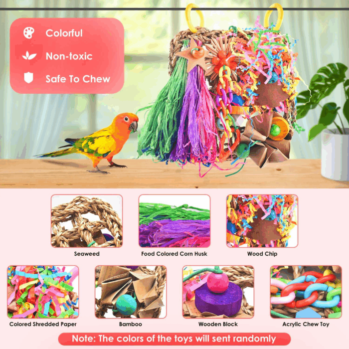 Conure Toys, Bird Grass Mat Parakeet Shredder Hanging Toy Cockatiel Foraging Entertainments Parrot Climbing Wall Chewy Lovebird Cage Playthings for Small to Medium Birds - Image 3