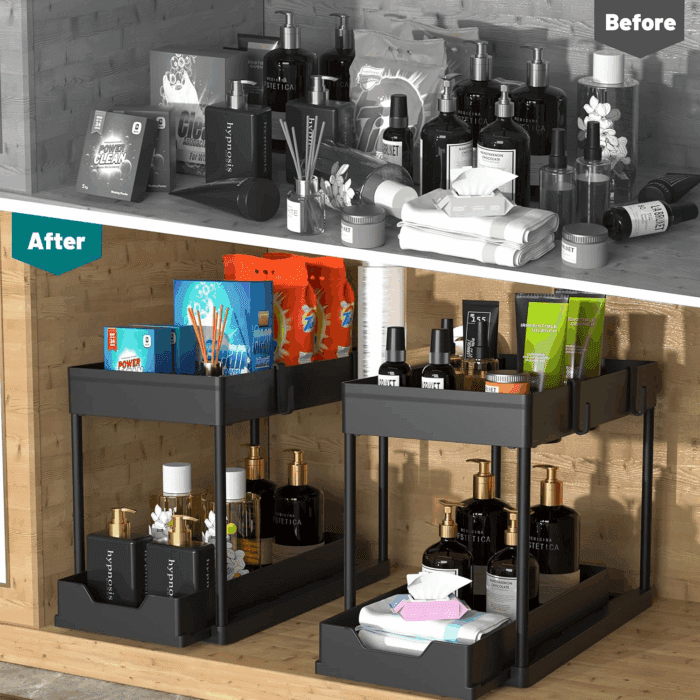 Under Sink Organizer 2 Pack, Bathroom Cabinet Organizer, 2 Tier Sliding Cabinet Basket Organizer Drawer, Multi-Purpose Bath Collection Baskets for Bathroom (Black) - Image 5