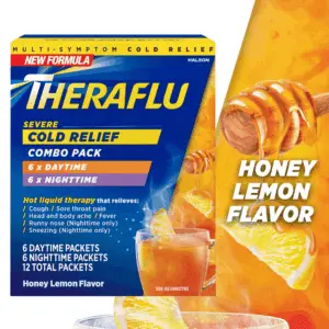 Severe Cough Cold and Flu Day and Nighttime Relief Medicine Powder, Honey Lemon, 12 Count