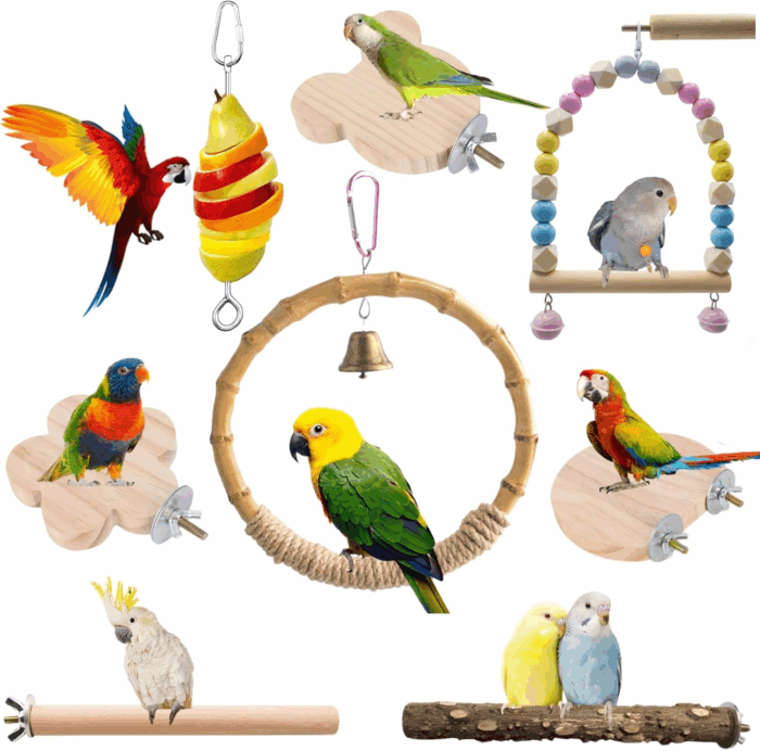 8 PCS Bird Cage Accessories Parrot Perch Stand Bird Swings Bird Stand Platforms Bird Cage Food Holder Bird Cage Toys Kit for Parakeets,Cockatiel,Budgerigar and Small and Medium Birds