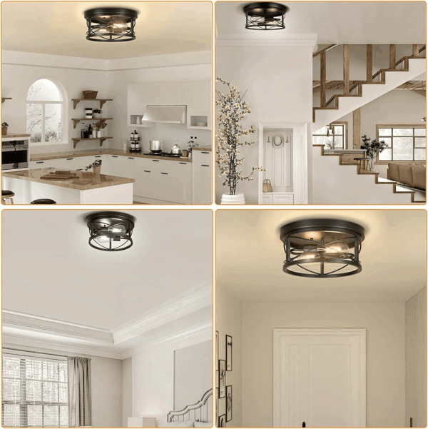 2-Light Flush Mount Ceiling Light Fixture Industrial Black Metal Farmhouse Close to Ceiling Lights for Kitchen Bedroom Foyer - Image 7