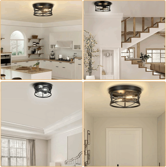 2-Light Flush Mount Ceiling Light Fixture Industrial Black Metal Farmhouse Close to Ceiling Lights for Kitchen Bedroom Foyer - Image 7
