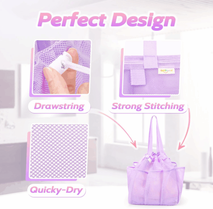 Mesh Shower Caddy Portable with Drawstring, Dorm Room Essentials for College Students Girl & Boy, Larger Shower Bag for Camping,Swimming,Gym,Travel,Bathroom - Purple - Image 2