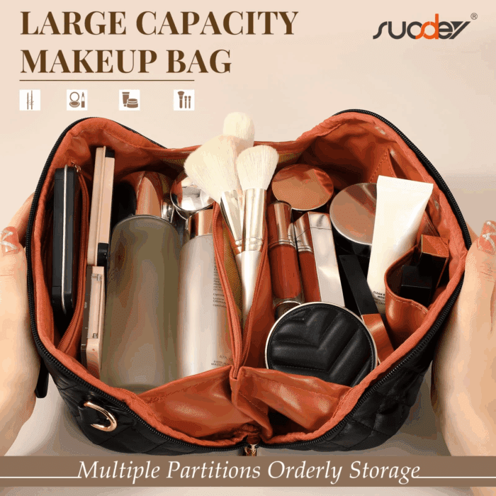 2 in 1 Crossbody Makeup Bag,Large Capacity Luxury Leather Cosmetic Bag for Travel - Image 2
