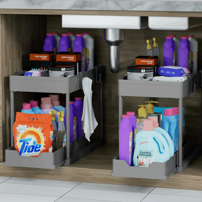 Under Sink Organizer 2 Pack，Bathroom Cabinet Organizer，2 Tier Sliding Cabinet Basket Organizer Drawer, Multi-Purpose Bath Collection Baskets for Bathroom (Grey) - Image 5