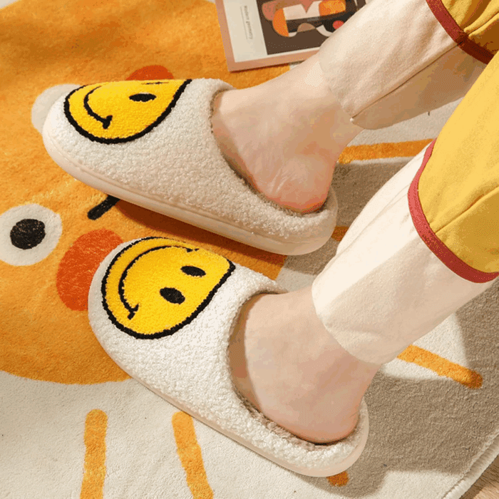 Smile Face Slippers for Women - Indoor Outdoor Retro Happy House Slides, Soft Fluffy Cushion Furry Shoes - Image 2