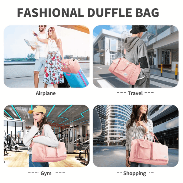 Travel Duffel Bag for Women, Foldable Weekender Overnight Bag with Shoe Compartment, Waterproof Shoulder Sports Tote Gym Bag with Toiletry Bag for Travel, Hospital Holdalls, Pink - Image 5