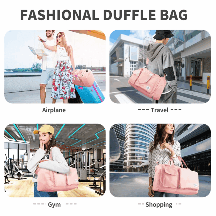Travel Duffel Bag for Women, Foldable Weekender Overnight Bag with Shoe Compartment, Waterproof Shoulder Sports Tote Gym Bag with Toiletry Bag for Travel, Hospital Holdalls, Pink - Image 5