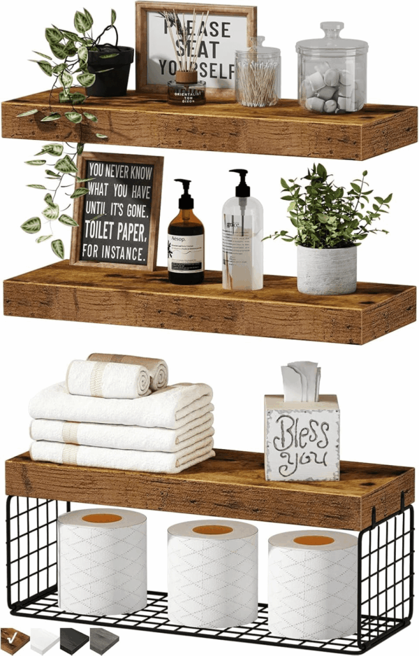 Bathroom Shelves over Toilet - Wall Mounted Floating Shelves Toilet Paper Storage Small Farmhouse Decor Shelf 16 Inch Set of 3, Rustic Brown (019-BN3)