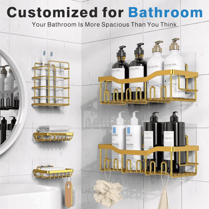 5-Pack Rustproof Stainless Steel Shower Caddy – No Drill Adhesive Bathroom Organizer with Large Capacity, Spacious Shower Shelves for inside Shower, Kitchen & Home Decor Storage - Image 2