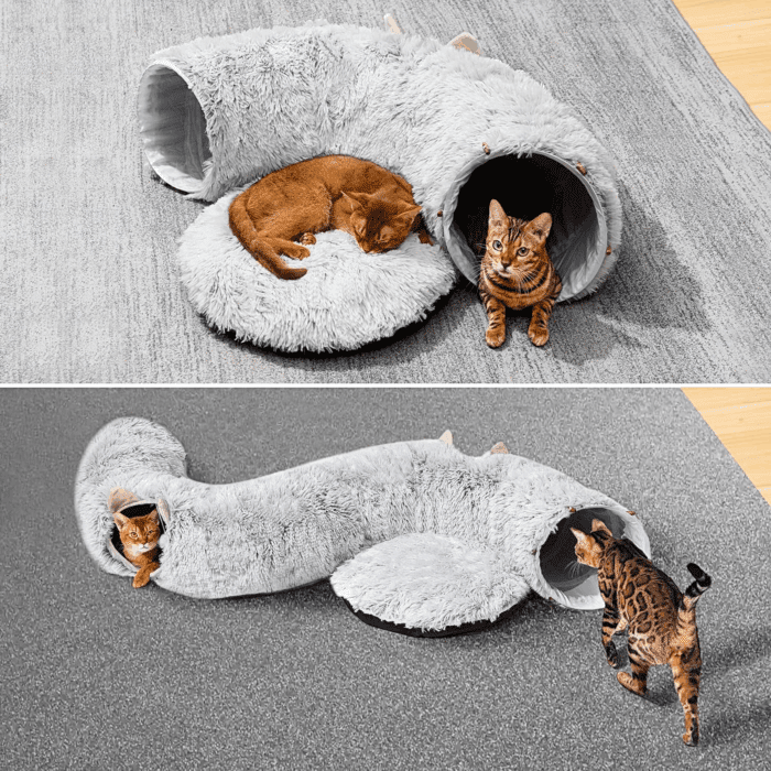 Cat Tunnel with Cat Bed for Indoor Cats, under Christmas Tree Soft Plush Peekaboo Cat Cave Donut Tunnel, Multifunctional Playground Toys Hideplace for Kittens, Rabbit, Ferret (Grey) - Image 3