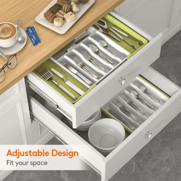 Silverware Drawer Organizer, Expandable Utensil Tray for Kitchen, BPA Free Flatware and Cutlery Holder, Adjustable Plastic Storage for Spoons Forks Knives, Large, Green&White - Image 9