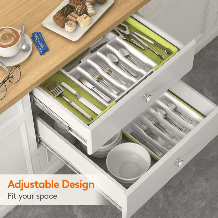 Silverware Drawer Organizer, Expandable Utensil Tray for Kitchen, BPA Free Flatware and Cutlery Holder, Adjustable Plastic Storage for Spoons Forks Knives, Large, Green&White - Image 9