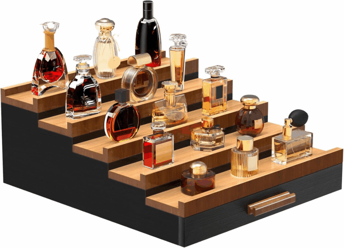Zalida Wooden Cologne Organizer for Men 5 Tier of Perfume Display Holder of Drawer & 2 Hidden Compartments Larger Storage Space Mens Perfume Organizer Shelf Stand,Gift for Man (5T-Black Walnut)