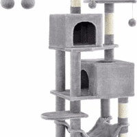 Cat Tree, 61-Inch Cat Tower for Indoor Cats, Plush Multi-Level Cat Condo with 5 Scratching Posts, 2 Perches, 2 Caves, Hammock, 2 Pompoms, Light Gray UPCT192W01 - Image 8
