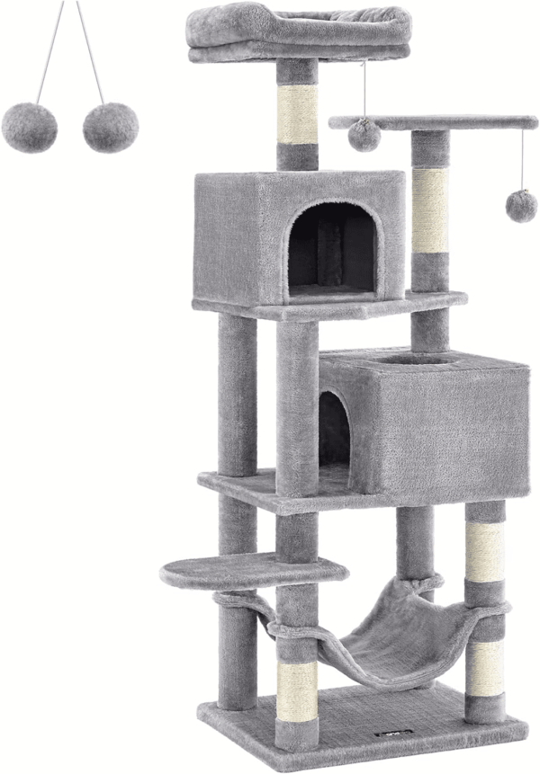 Cat Tree, 61-Inch Cat Tower for Indoor Cats, Plush Multi-Level Cat Condo with 5 Scratching Posts, 2 Perches, 2 Caves, Hammock, 2 Pompoms, Light Gray UPCT192W01 - Image 8