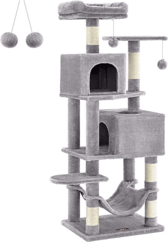 Cat Tree, 61-Inch Cat Tower for Indoor Cats, Plush Multi-Level Cat Condo with 5 Scratching Posts, 2 Perches, 2 Caves, Hammock, 2 Pompoms, Light Gray UPCT192W01 - Image 8