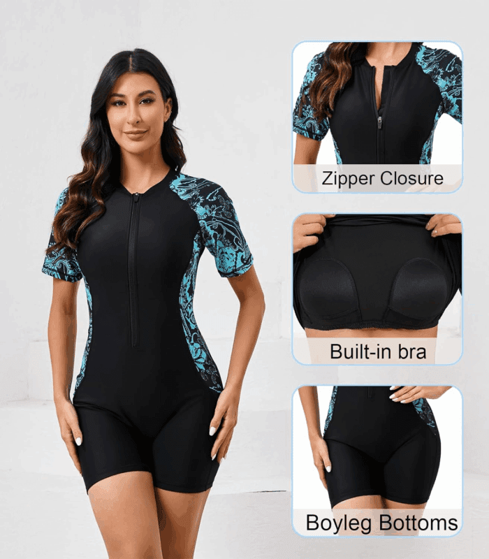 Women'S Boyleg One Piece Rash Guard with Built in Bra UPF50+ Zip Long Sleeve Full Body Modest Swimsuit - Image 3