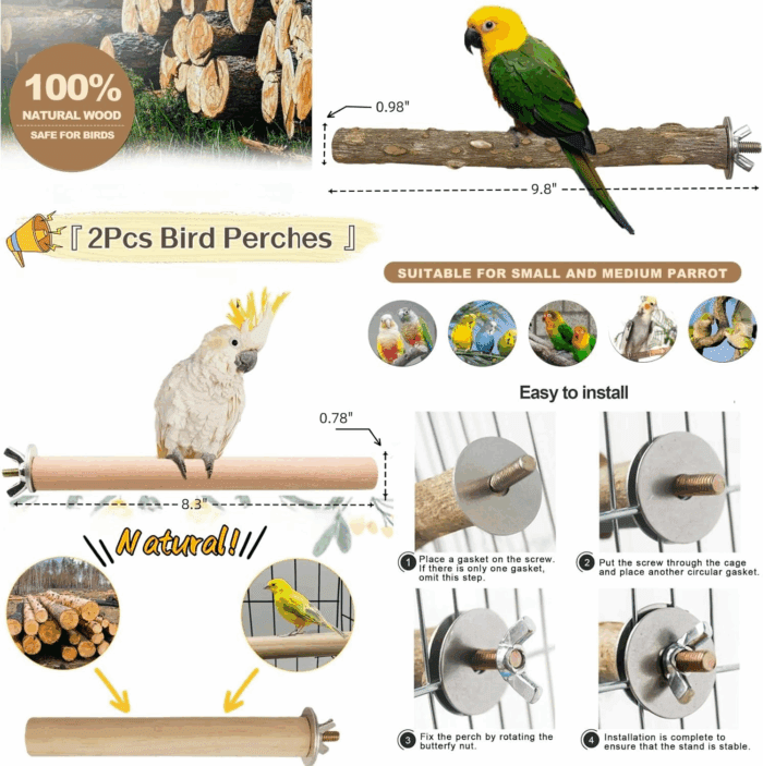 8 PCS Bird Cage Accessories Parrot Perch Stand Bird Swings Bird Stand Platforms Bird Cage Food Holder Bird Cage Toys Kit for Parakeets,Cockatiel,Budgerigar and Small and Medium Birds - Image 4