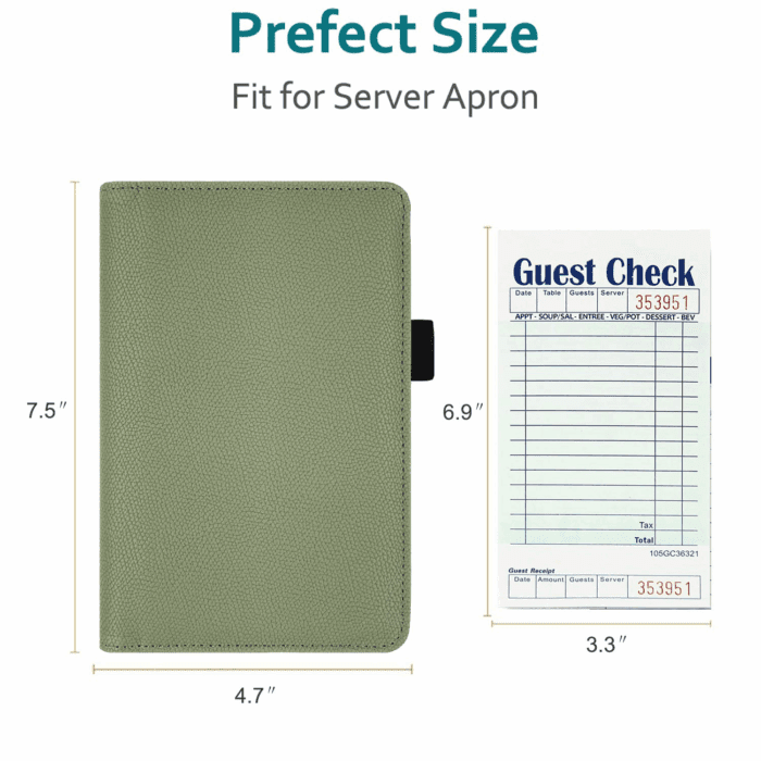 Server Book with Zipper Pocket, Premium Leather Server Books for Waitress, Waiter Wallet Waitress Book Fit Server Apron, Agave Green - Image 8
