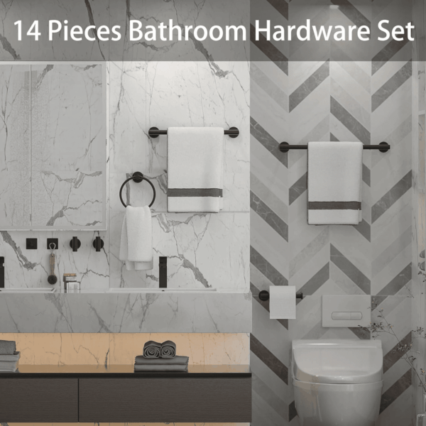 Bathroom Hardware Set 14 Pieces, Black Bathroom Accessories Set Including 24 Inch and 16 Inch Towel Bar, Towel Ring, Toilet Paper Holder and Towel Hooks - Image 4