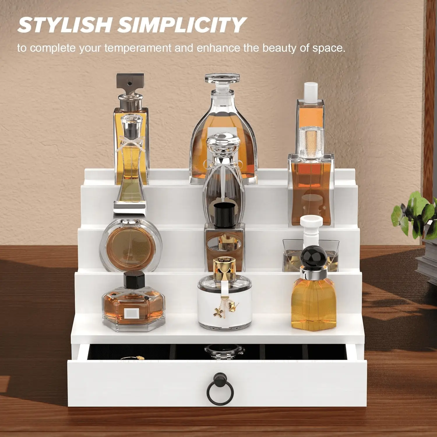 Cologne Organizer for Men, 4 Tier White Wood Perfume Organizer with Felt Lining Drawer and Hidden Compartment, Perfume Display Holder, a Gift for Men - Image 9