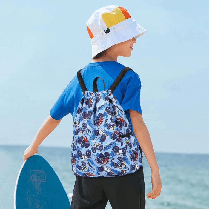 Children Boy Girl Ocean Shark Print Drawstring Backpack Outdoor Casaul Portable Shoulder Bag Swim Gymsack Sack Pack Dark Blue - Image 3
