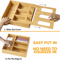 Bag Storage Organizer for Kitchen Drawer, Bamboo Organizer, Compatible with Gallon, Quart, Sandwich and Snack Variety Size Bag (1 Box 4 Slots), 2.5" High - Image 5