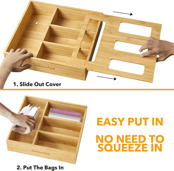 Bag Storage Organizer for Kitchen Drawer, Bamboo Organizer, Compatible with Gallon, Quart, Sandwich and Snack Variety Size Bag (1 Box 4 Slots), 2.5" High - Image 5