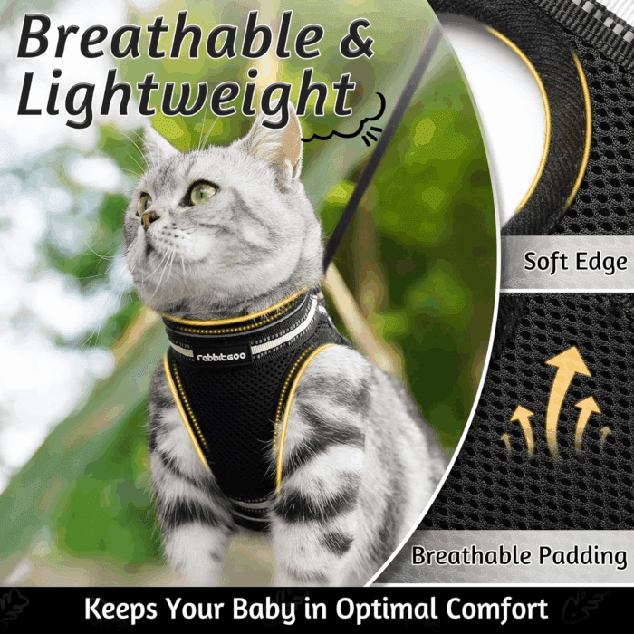 Cat Harness and Leash Set for Walking Escape Proof, Adjustable Soft Kittens Vest with Reflective Strip for Cats, Comfortable Outdoor Vest, Black, S - Image 3
